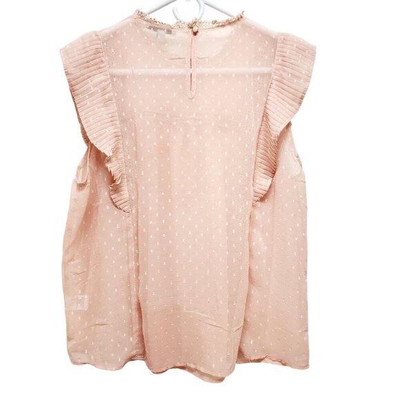 Womens Blush Pink Sleeveless Ruffle Blouse With Lace Accents By Blāshe Size L - Picture 2 of 9